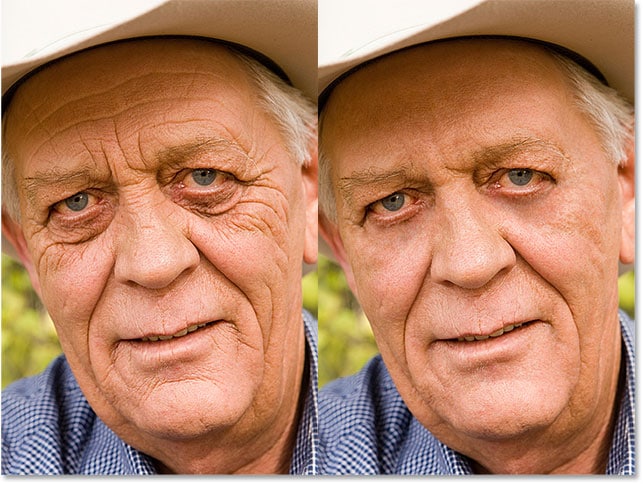 Un lado por comparación de la imagen original y la misma imagen con las arrugas eliminadas.  Imagen © 2016 Photoshop Essentials.com