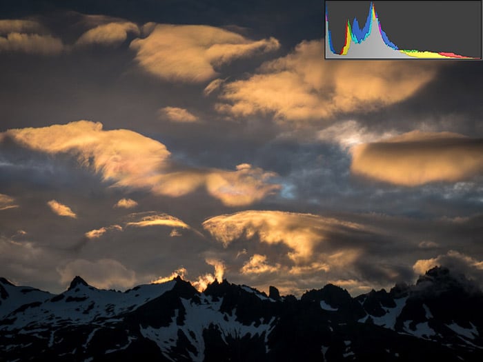 Paisaje alpino oscuro que muestra un histograma sesgado a la izquierda para imágenes subexpuestas