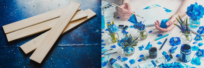 dos fotos.  izquierda: tablones de madera delgados sobre fondo azul oscuro.  Derecha: flores y hojas azul cielo dispuestas sobre un fondo de madera blanca, manos sosteniendo un pincel, botes de pintura azul