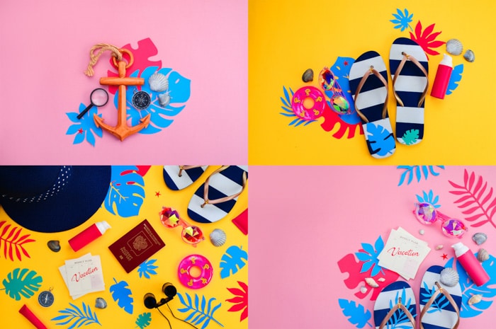 collage de cuatro fotos.  Fondos de color amarillo brillante y rosa chicle.  flatlay de artículos de moda: chanclas, ancla, gafas de sol