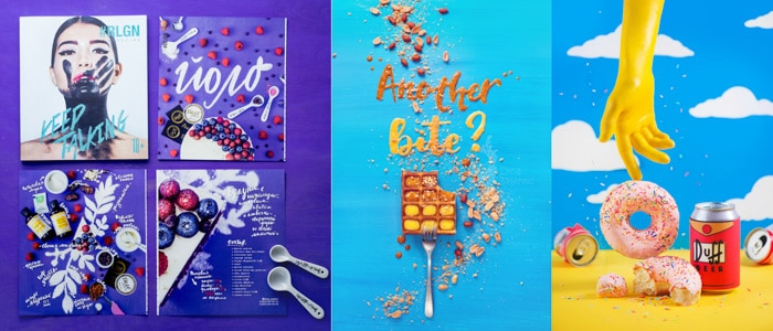 varios carteles estilizados.  diseño flatlay con colores de fondo sólidos en violeta, azul brillante, amarillo.  tema de verano.  Letras divertidas y elementos de comida.