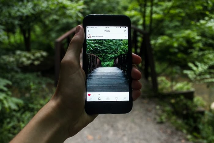 Una persona fotografiando un paseo por un bosque con un teléfono inteligente.