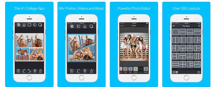 4 teléfonos que muestran los resultados del uso de la aplicación de collage de fotos Picstitch en las pantallas