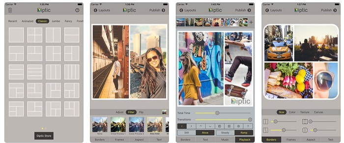 4 teléfonos que muestran los resultados del uso de la aplicación de collage de fotos Diptic