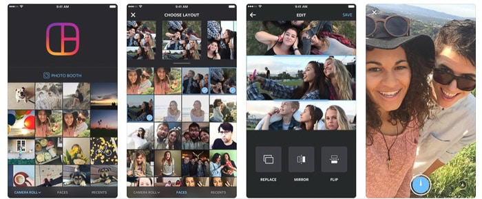 Cuatro pantallas de teléfonos inteligentes que muestran los resultados del uso de la aplicación Layout photo collage