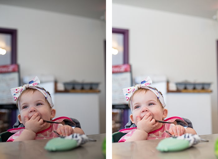 una foto díptica de un bebé comiendo en una mesa, comparando dos estilos diferentes de edición de fotos