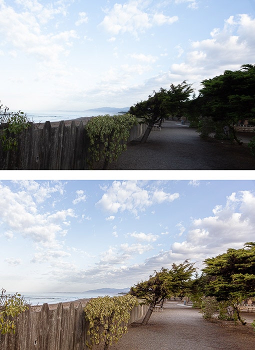 dos fotos del mismo paisaje costero, la segunda editada en estilo de edición HDR 
