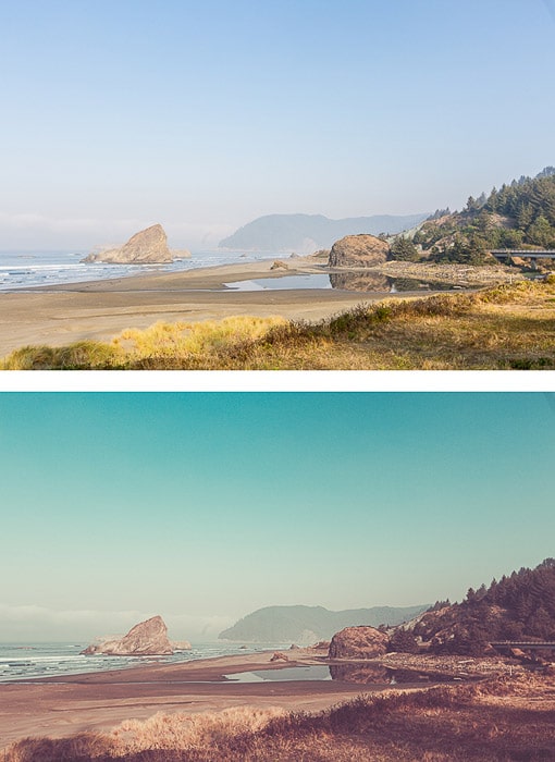 dos fotos del mismo paisaje costero, la segunda editada en estilo de edición vintage