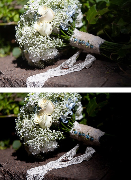 dos fotos del mismo ramo de boda, la segunda editada en un estilo de edición oscuro y temperamental