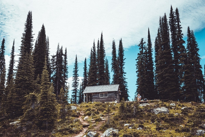 Una foto brillante de una cabaña en una colina rodeada de árboles altos: cómo ganar dinero con la fotografía de viajes
