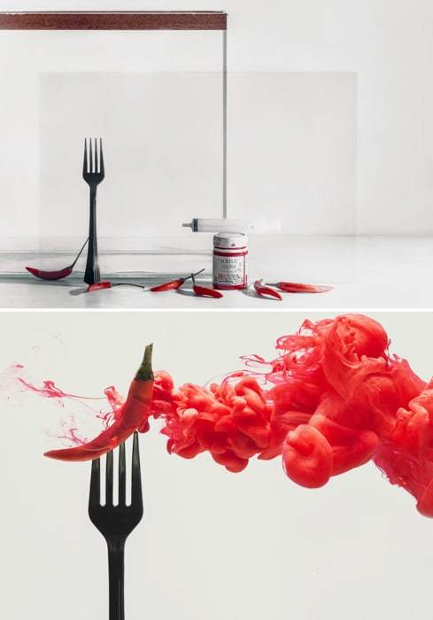 Un díptico de un chile en un tenedor con una nube roja y una toma de configuración usando pintura colorida en la técnica del agua