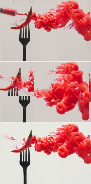 un tríptico de un chile bajo el agua en un tenedor: configuración para fotografiar pintura colorida en fotografía acuática