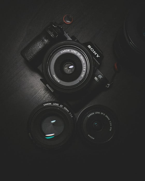 Imagen de una cámara Sony A7II con lentes sobre fondo negro.  Reseña de la panasonic gh5.