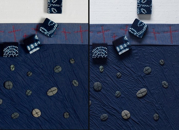 Un díptico de obras de arte textil azul desde diferentes perspectivas