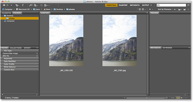 Una versión sin formato y JPEG de la misma foto en Adobe Bridge.  Imagen © 2013 Photoshop Essentials.com