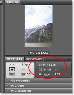 Visualización del panel Metadatos en Adobe Bridge.  Imagen © 2013 Photoshop Essentials.com