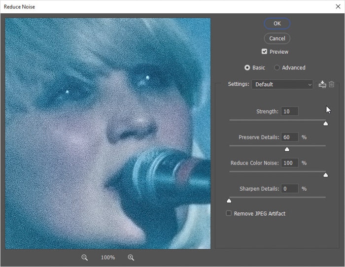 Captura de pantalla de cómo ajustar los tres controles deslizantes: Intensidad, Reducir el ruido del color y Enfocar detalles en Photoshop para retoques fotográficos