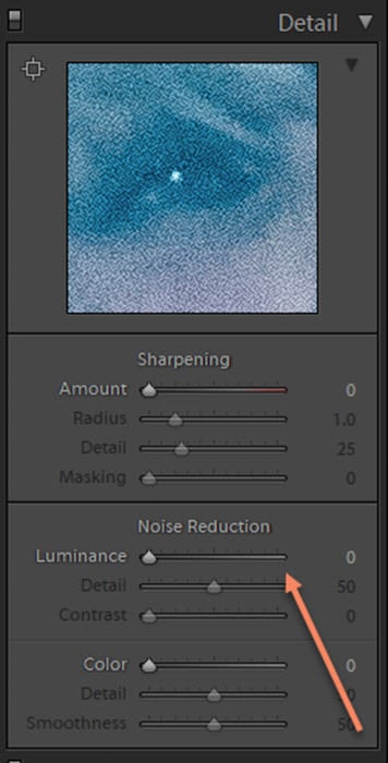 Captura de pantalla de la configuración de reducción de ruido en Lightroom para retoque fotográfico