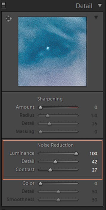 Captura de pantalla de la configuración de reducción de ruido en Lightroom para retoque fotográfico