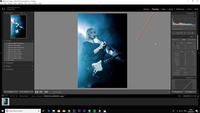 Screenshop del módulo de desarrollo en Lightroom para retoque fotográfico