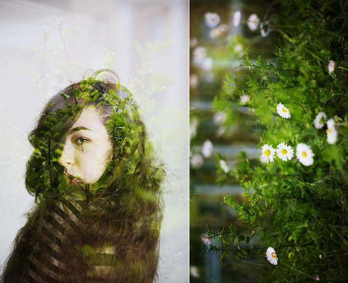 Una serie de fotografías dípticas de un modelo femenino doble expuesto con follaje verde