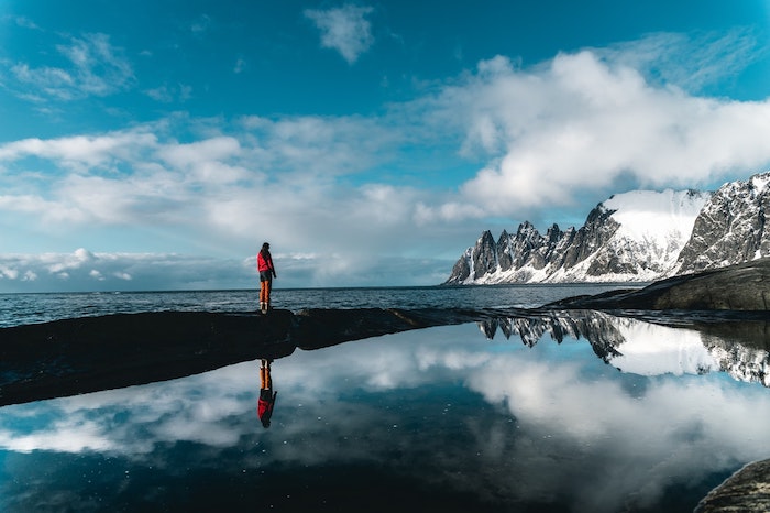 Una persona de pie en un paisaje ártico.