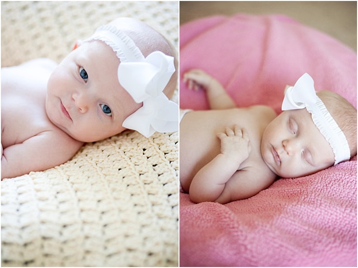 dos fotos de niña.  a la izquierda, acostado sobre una manta tejida, con una diadema blanca.  a la derecha, durmiendo sobre una almohada rosa.