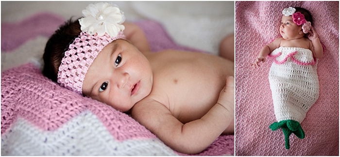 dos fotos.  a la izquierda, cerca del bebé con una diadema rosa acostada sobre una manta rosa.  A la derecha, bebé envuelto en una envoltura en forma de sirena.