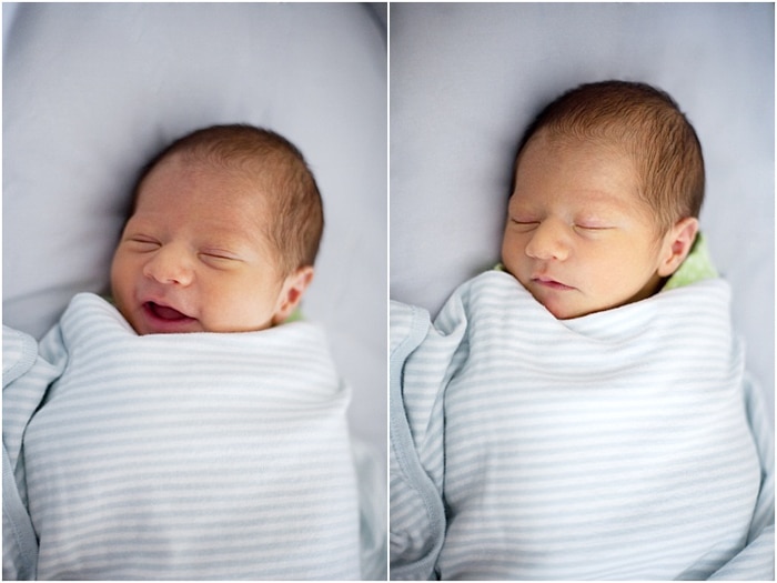 dos fotos, foto en la cabeza del bebé envuelto durmiendo