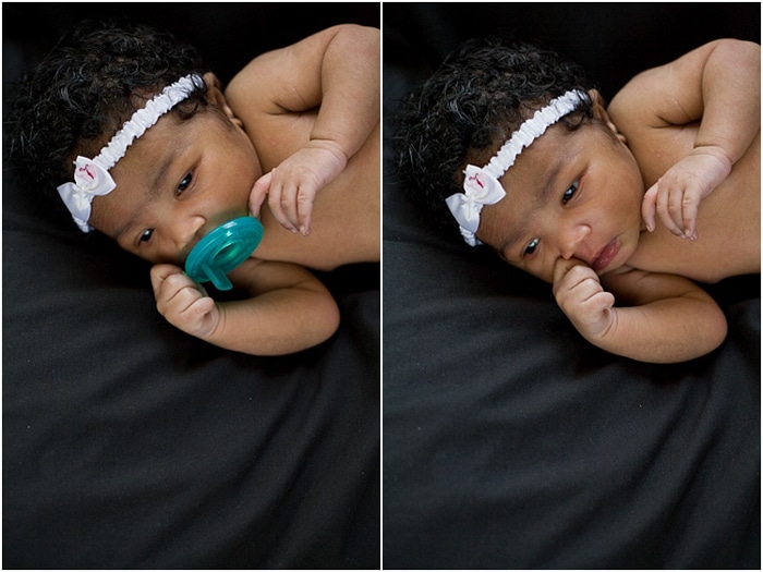 Díptico retrato de un bebé acostado sobre una sábana oscura, con chupete verde en la boca.  A la derecha, bebé acostado de lado sobre una sábana oscura, con diadema blanca.