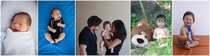 collage de 5 fotos seguidas, bebé a diferentes edades, foto en medio de padres y recién nacido