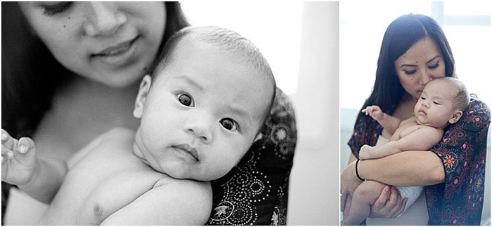 Díptico de retrato de familia de una madre posando con su bebé recién nacido para una sesión en una empresa de fotografía de recién nacidos