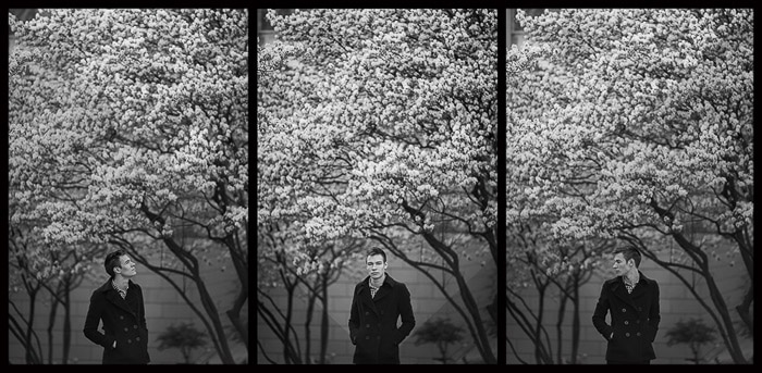 Una fotografía de luz natural triple retrato de Oleg Gergel frente a los cerezos en flor en Frankfurt, Alemania.  Consejos para la fotografía de retratos al aire libre.
