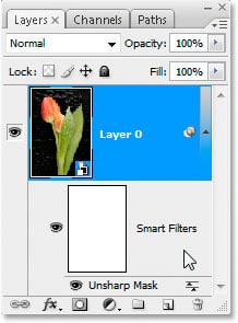 La paleta Capas en Photoshop CS3 con un filtro inteligente aplicado al objeto inteligente.