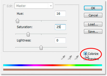 Marcando la opción 'Colorear' en el cuadro de diálogo Tono / Saturación.