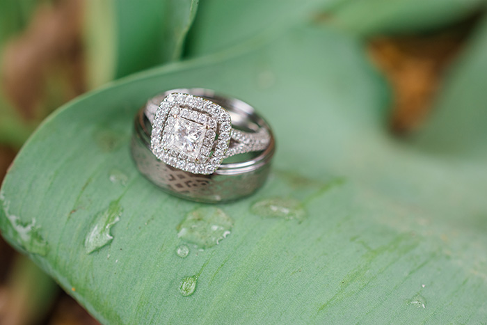 anillos de boda descansando sobre una hoja cubierta de lluvia