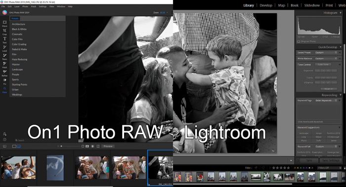 Captura de pantalla de una pantalla dividida que muestra la interfaz On1 Photo RAW y Adobe Lightroom