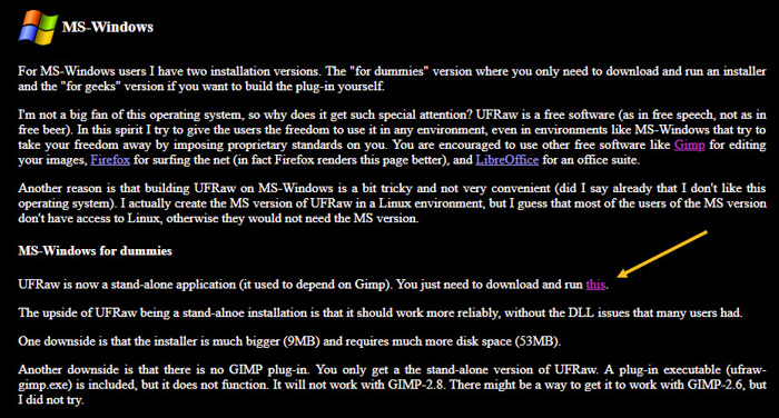 Una captura de pantalla que muestra cómo descargar UFRaw para Windows