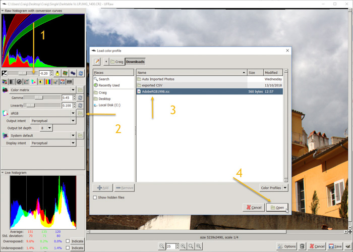 Una captura de pantalla que muestra cómo abrir imágenes sin procesar en gimp usando UFRaw 