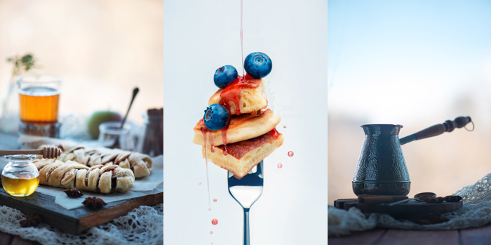 Desayuno de hojaldre con té y miel - tríptico fotográfico de alimentos con colores naranja y azul