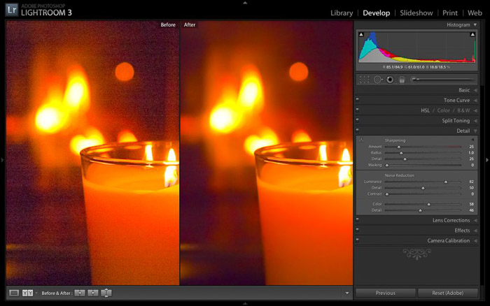 Captura de pantalla del uso de Adobe Lightroom para el software de reducción de ruido