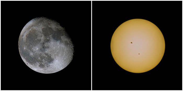 Díptico que muestra una impresionante fotografía del sol y la luna