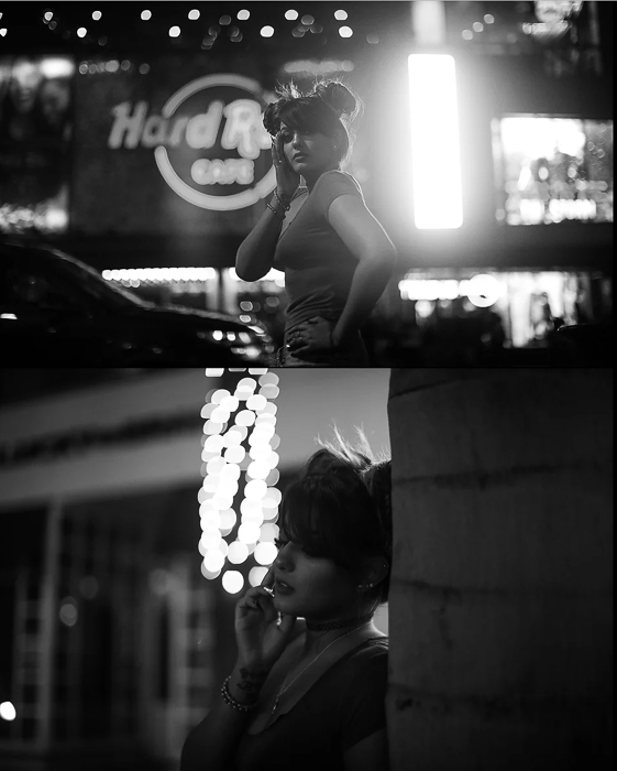 Un díptico de fotografía de retrato nocturno en blanco y negro atmosférico de una modelo femenina