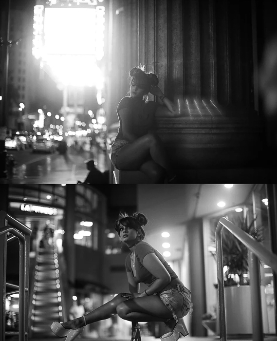 Una modelo femenina posando para un díptico de fotografía de retrato nocturno en blanco y negro