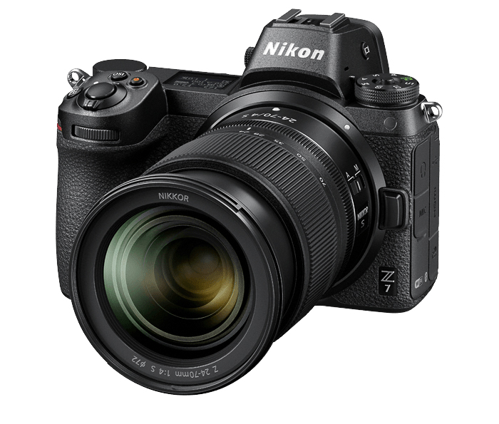 Foto plana del producto de la cámara sin espejo Nikon Z7 y accesorios