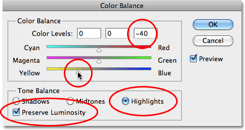 Coloreando los reflejos con el ajuste de Balance de color en Photoshop.
