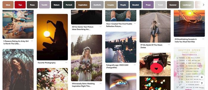 una captura de pantalla de ideas de negocios de fotografía en Pinterest