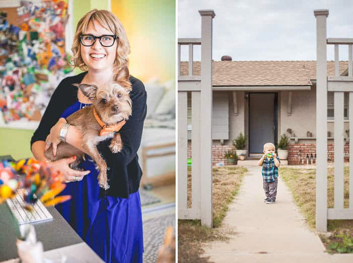 retratos dípticos de una mujer sosteniendo un perro y un niño pequeño fuera de una casa