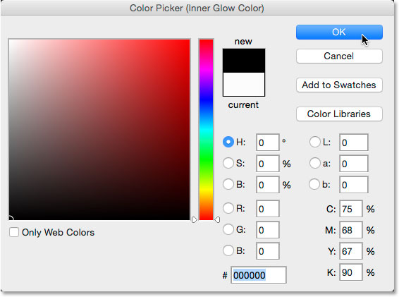 Cambiar el color del efecto de la capa Resplandor interior a negro.