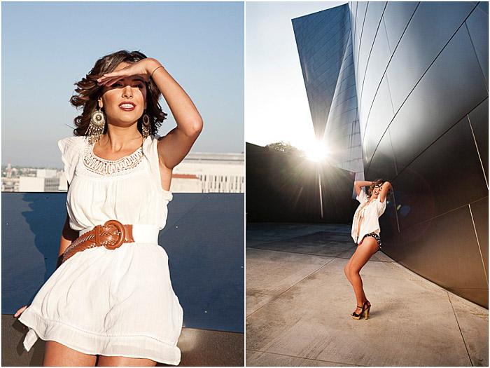 Elegante retrato díptico de una modelo femenina posando al aire libre: cómo fotografiar personas